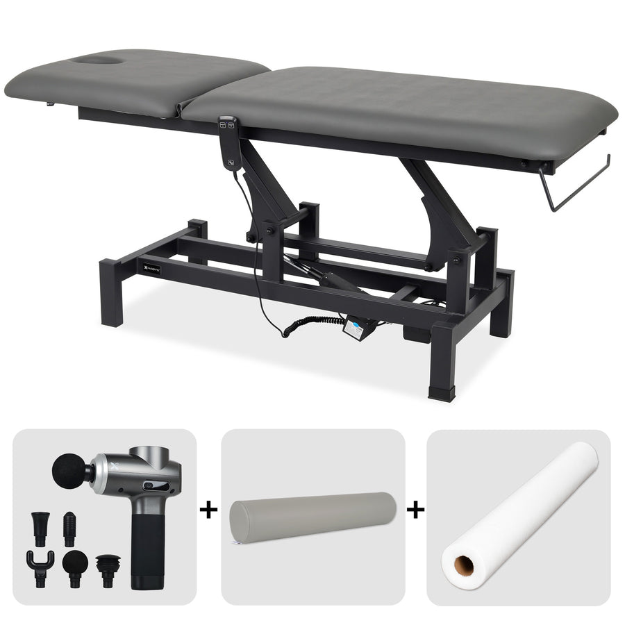 Elektrische behandeltafel set Fortis 2 + Massagepistool Dynamic Pro + Positioneringsrol 15x60 + Wegwerpvlies op rol