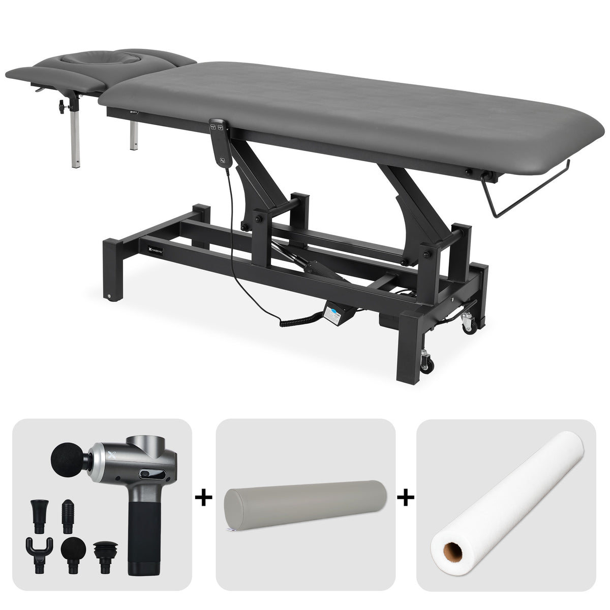Set Therapieliege Elektrisch Fortis 4 Ergo + Massagepistole Dynamic Pro + Vollrolle 15x60 + Vliesstoff-Unterlage auf Rolle