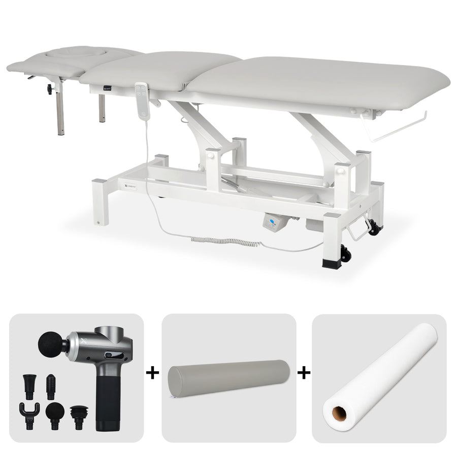 Set Therapieliege Elektrisch Fortis 5 Ergo + Massagepistole Dynamic Pro + Vollrolle 15x60 + Vliesstoff-Unterlage auf Rolle
