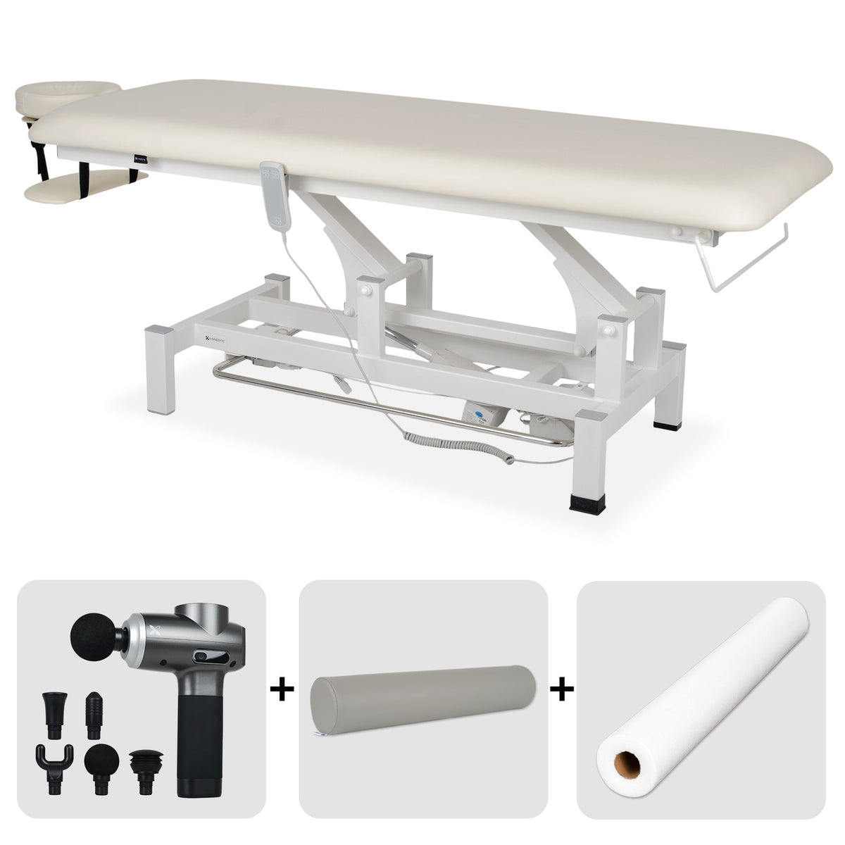 Elektrische behandeltafel set Fortis 1 + Massagepistool Dynamic Pro + Positioneringsrol 15x60 + Wegwerpvlies op rol