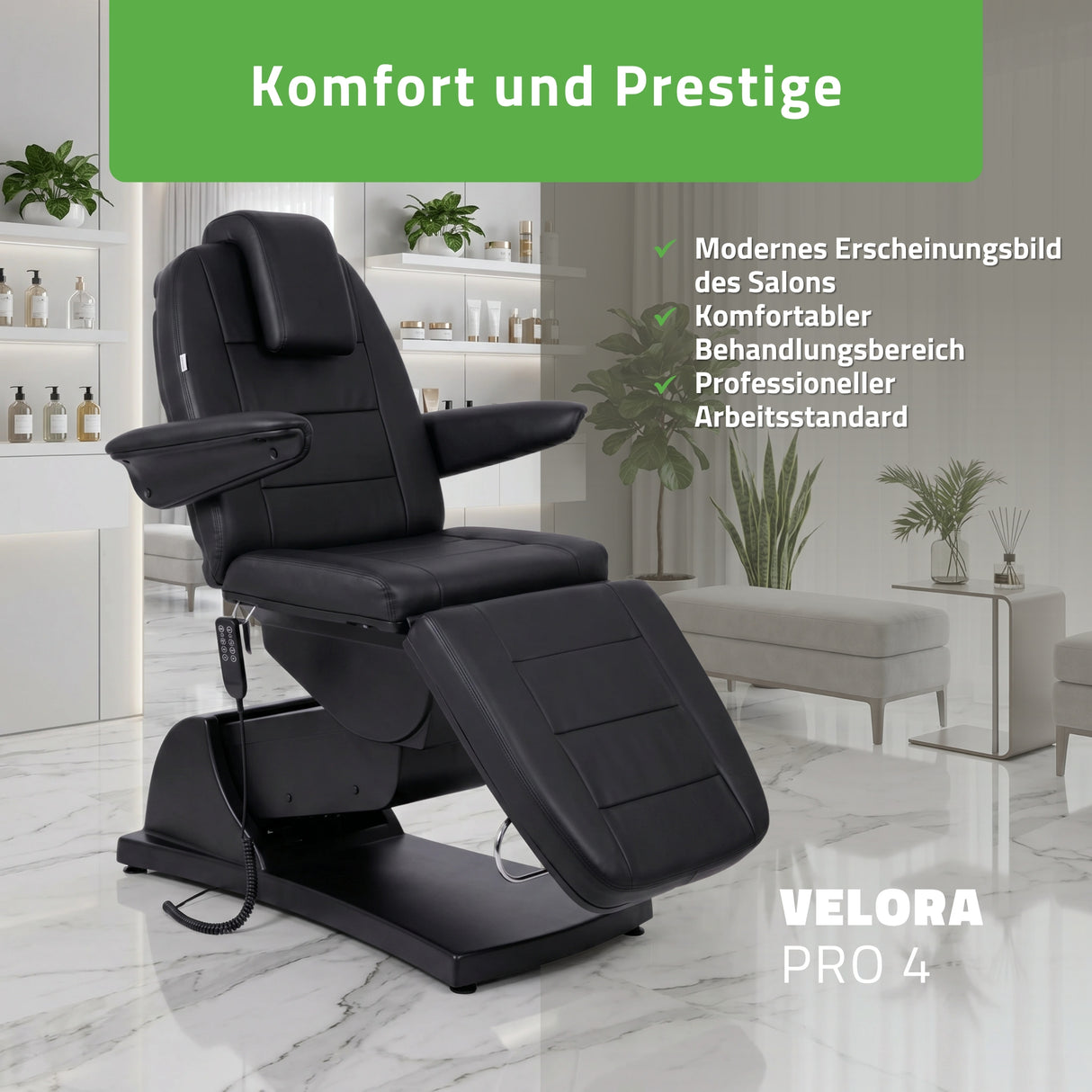 Kosmetikliege Elektrisch | Velora PRO 4 | Kosmetiksessel mit elektrischer Verstellung | Handfernbedienung | 4 - Motoren | 3 Jahre Garantie