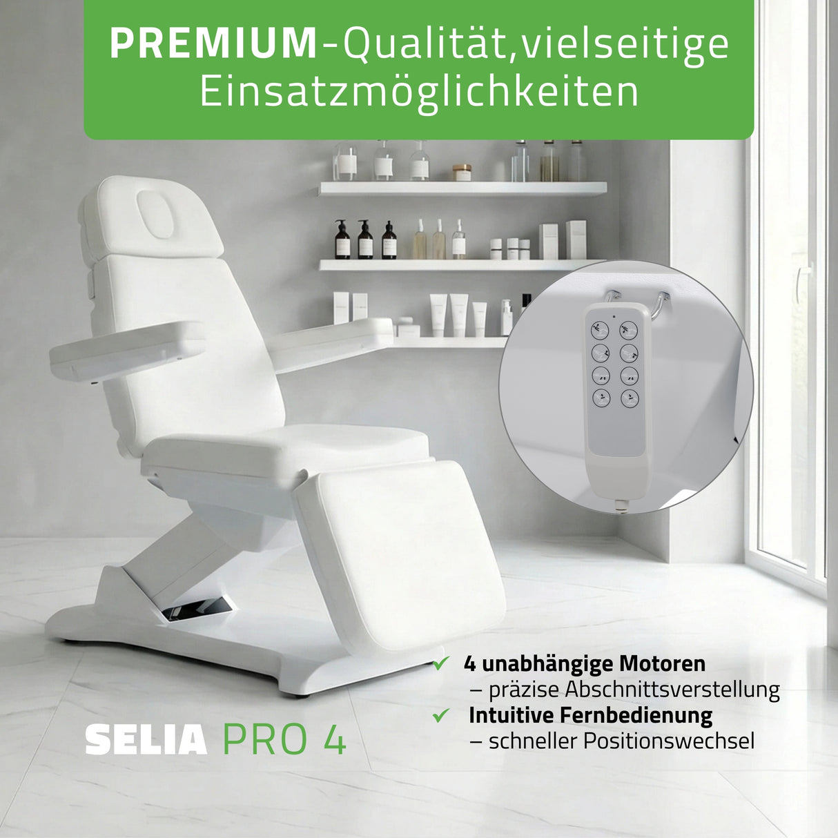 Kosmetikliege Elektrisch | Selia PRO 4 | Kosmetiksessel mit elektrischer Verstellung | Handfernbedienung | 3 Jahre Garantie