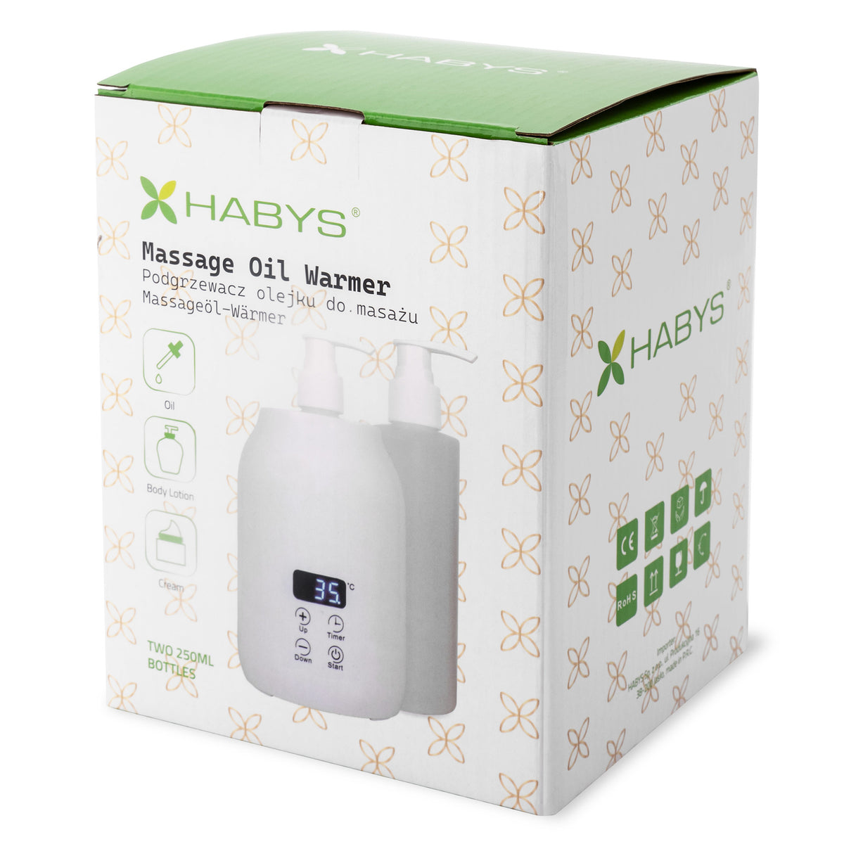 Habys Massageöl-Erwärmer | mit zwei 250 ml Flaschen | Weiß