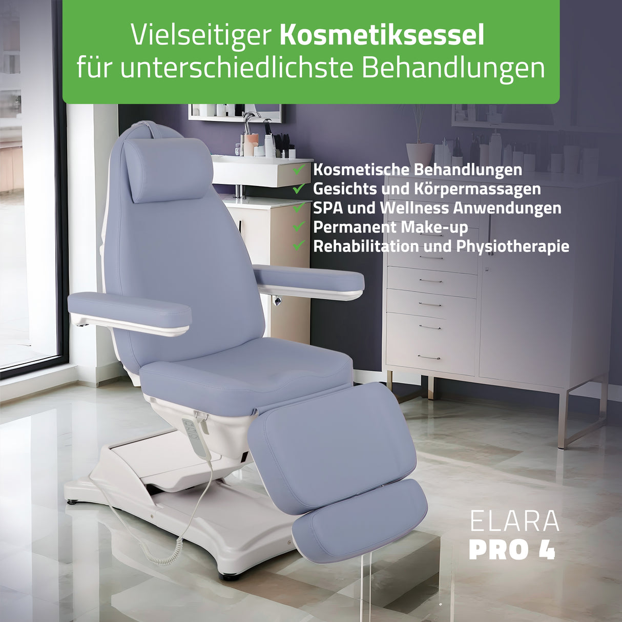 Kosmetikliege Elektrisch | Elara PRO 4 | Kosmetiksessel mit elektrischer Verstellung | Handfernbedienung | 3 - Motoren | 3 Jahre Garantie