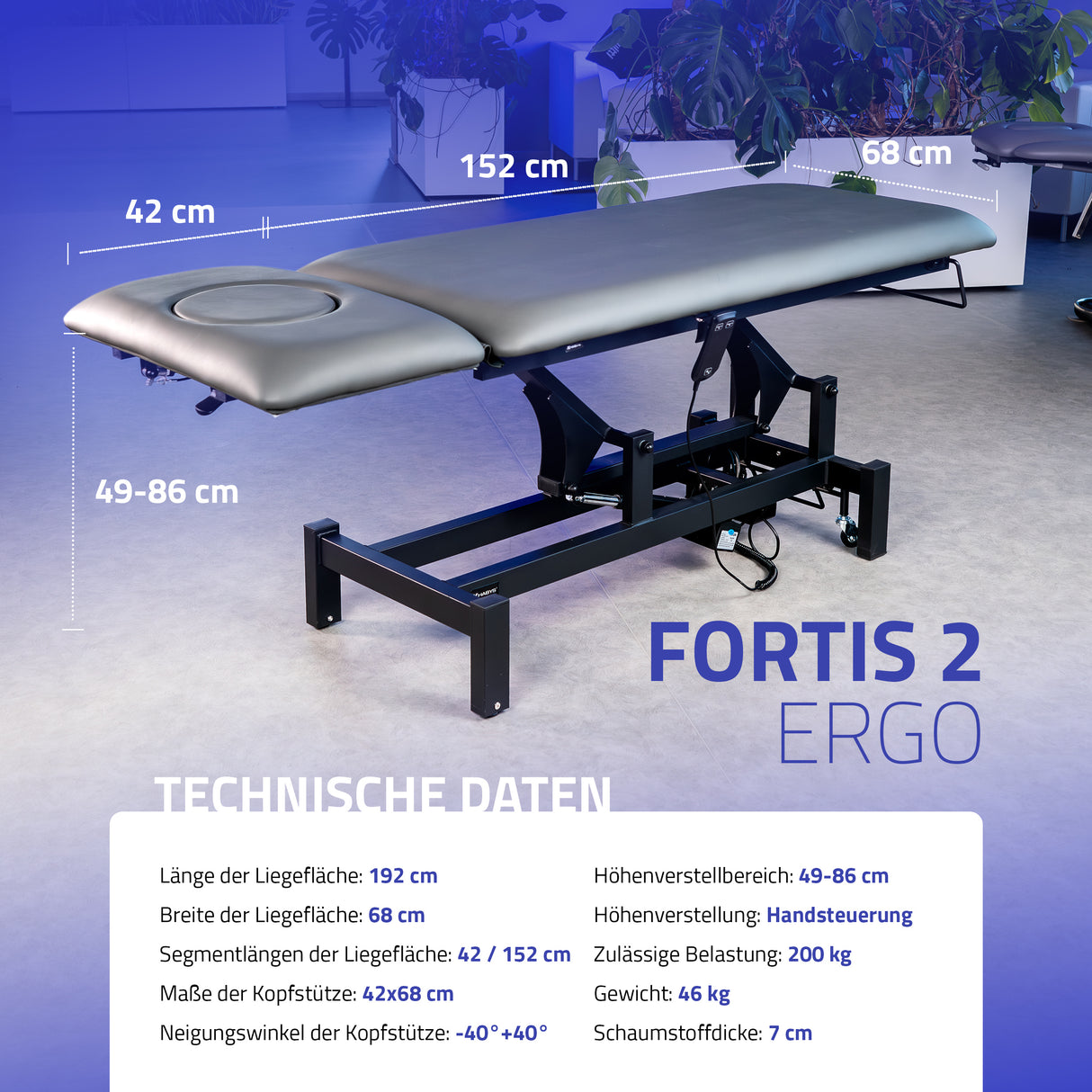 Massageliege Elektrisch Fortis 2 Ergo | 2-Segmente | Handfernbedienung | 3 Jahre Garantie