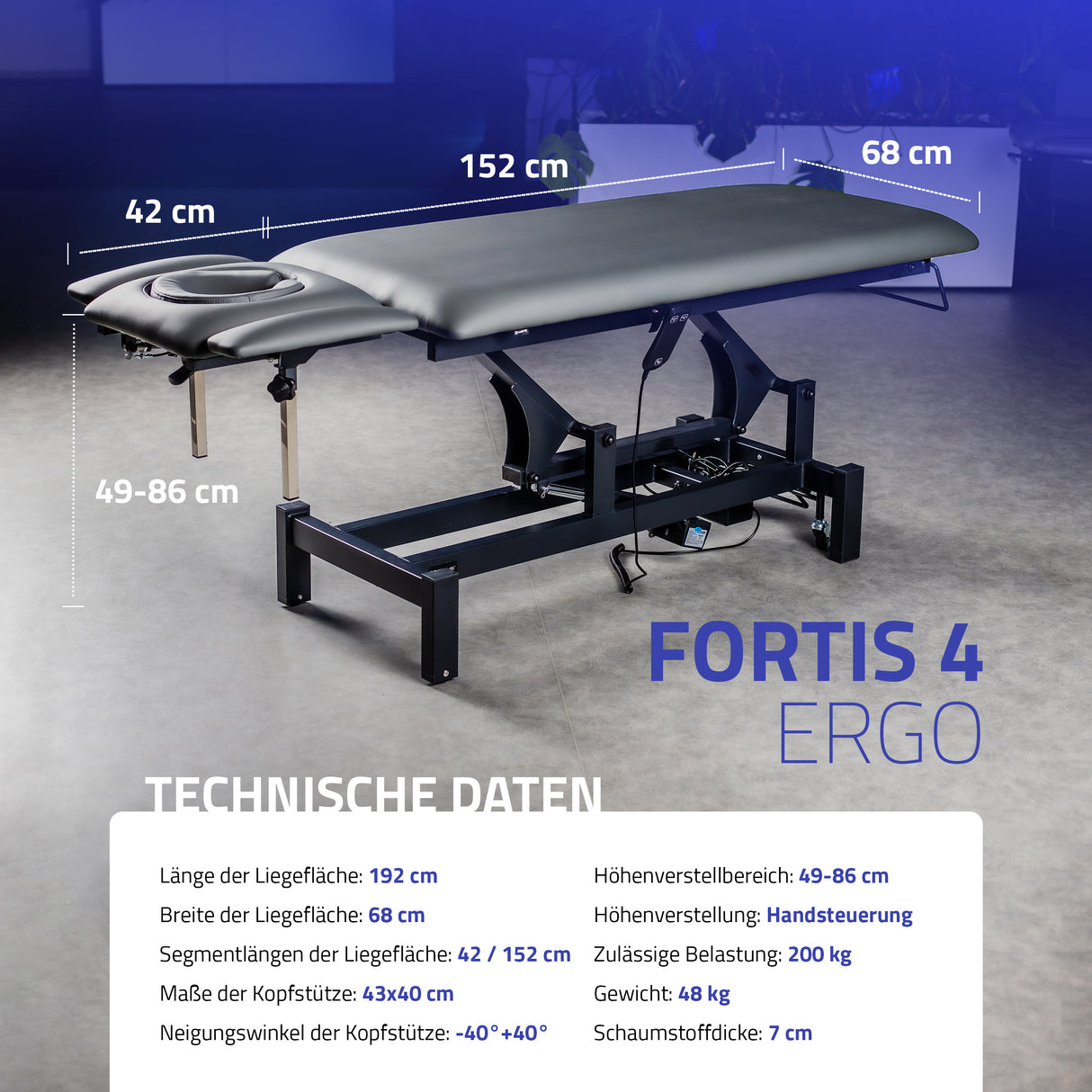 Massageliege Elektrisch Fortis 4 Ergo | 4-Segmente | Handfernbedienung | 3 Jahre Garantie