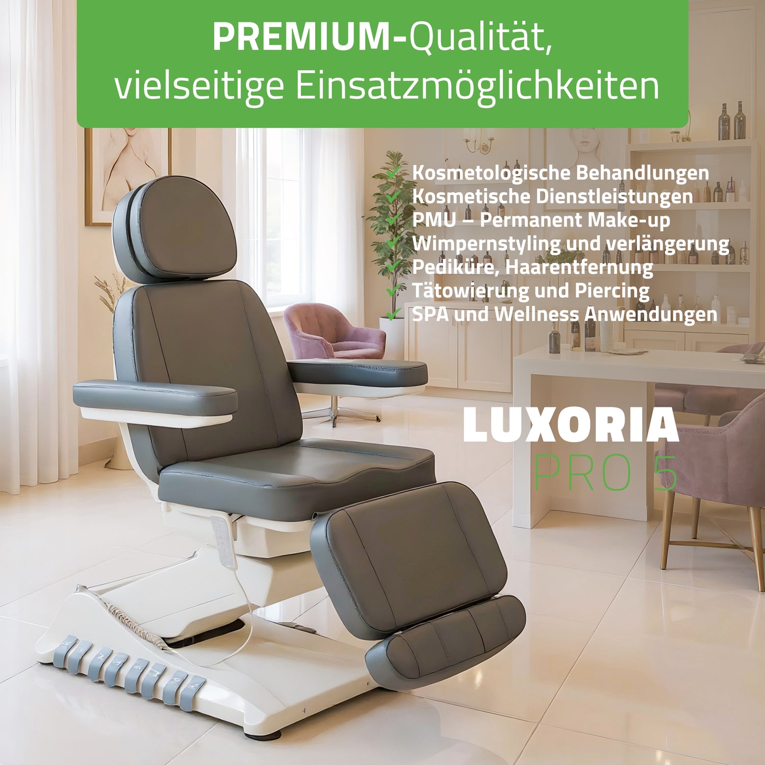 Kosmetikliege Elektrisch | Luxoria PRO 5 | Kosmetiksessel mit elektrischer Verstellung