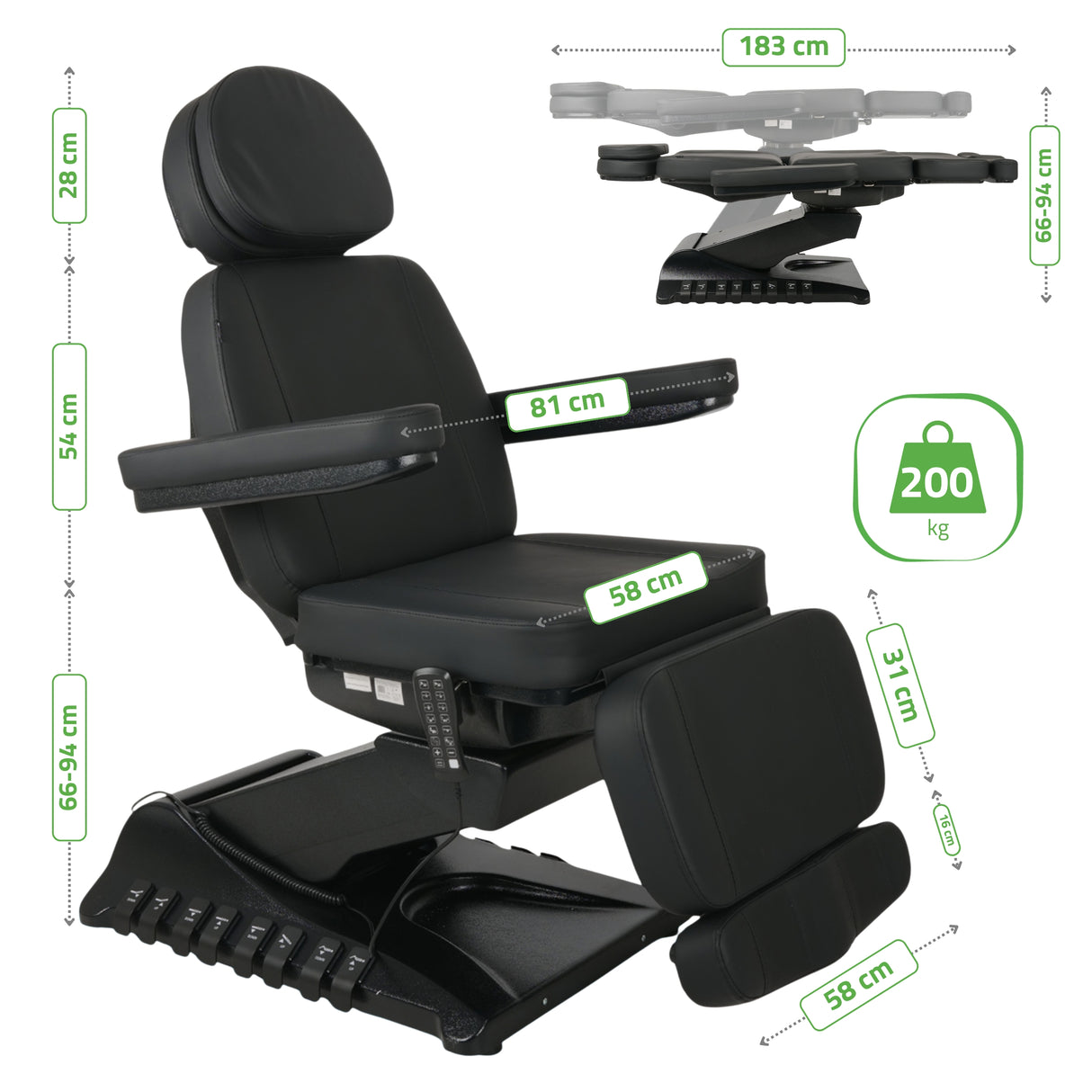 Kosmetikliege Elektrisch | Luxoria PRO 5 | Kosmetiksessel mit elektrischer Verstellung | Schwarz | 3 Jahre Garantie