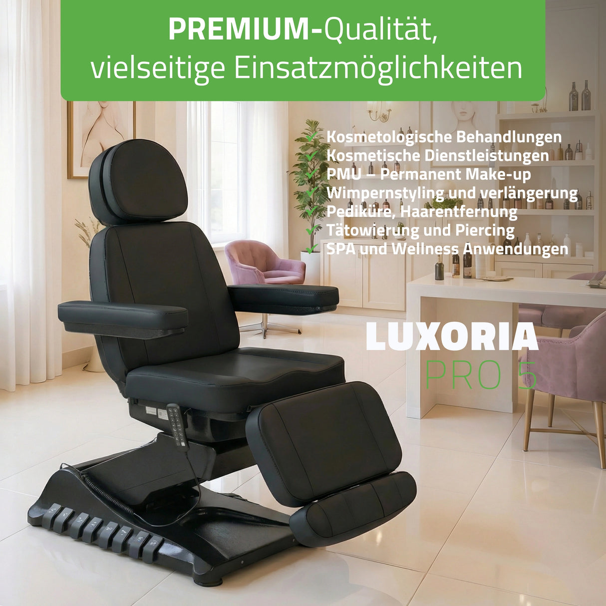 Kosmetikliege Elektrisch | Luxoria PRO 5 | Kosmetiksessel mit elektrischer Verstellung | Schwarz | 3 Jahre Garantie