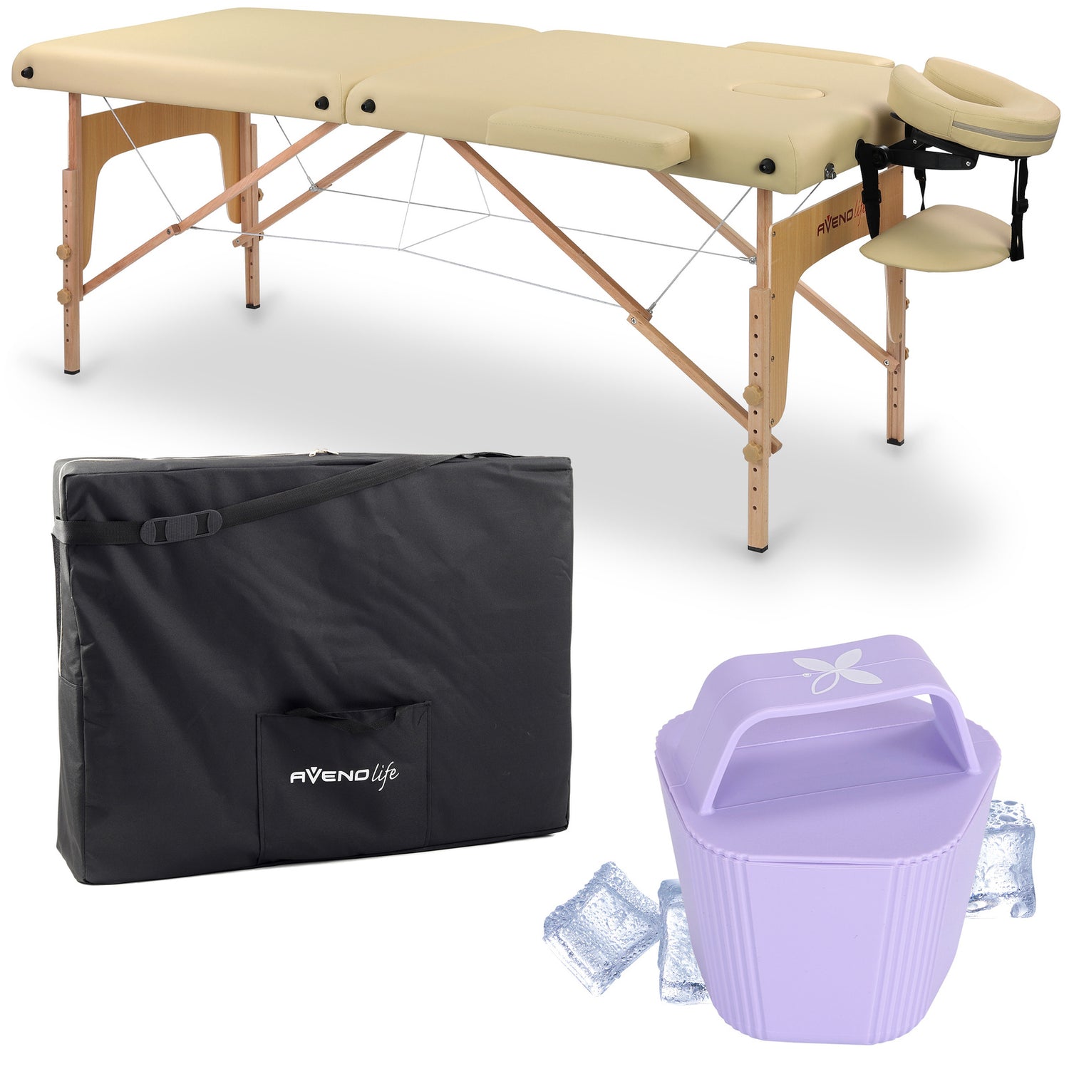 Set | Massageliege Sofia Light 60 cm – beige | + Eisroller für den Körper – Lila