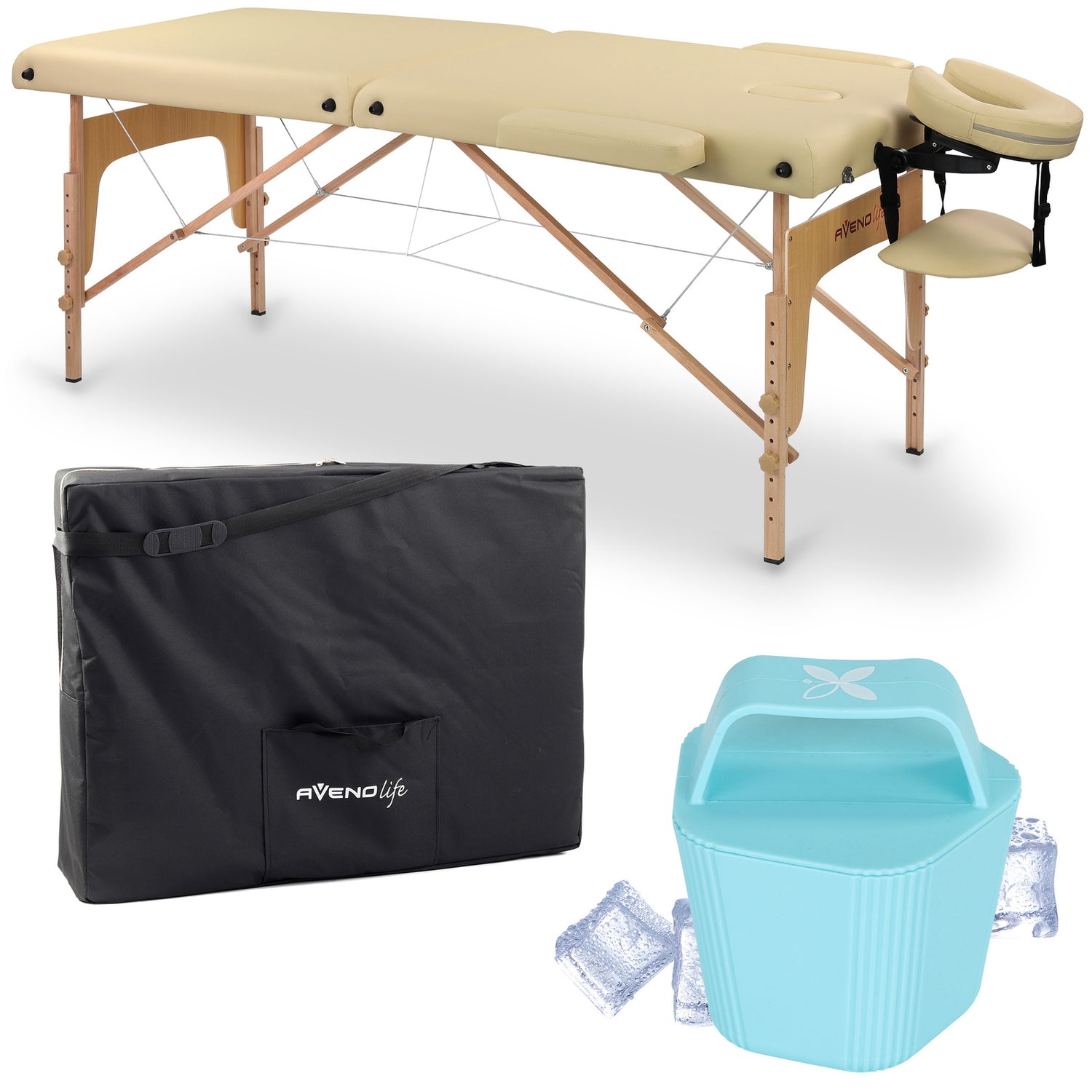 Set | Massageliege Sofia Light 60 cm – beige | + Eisroller für den Körper – Blau