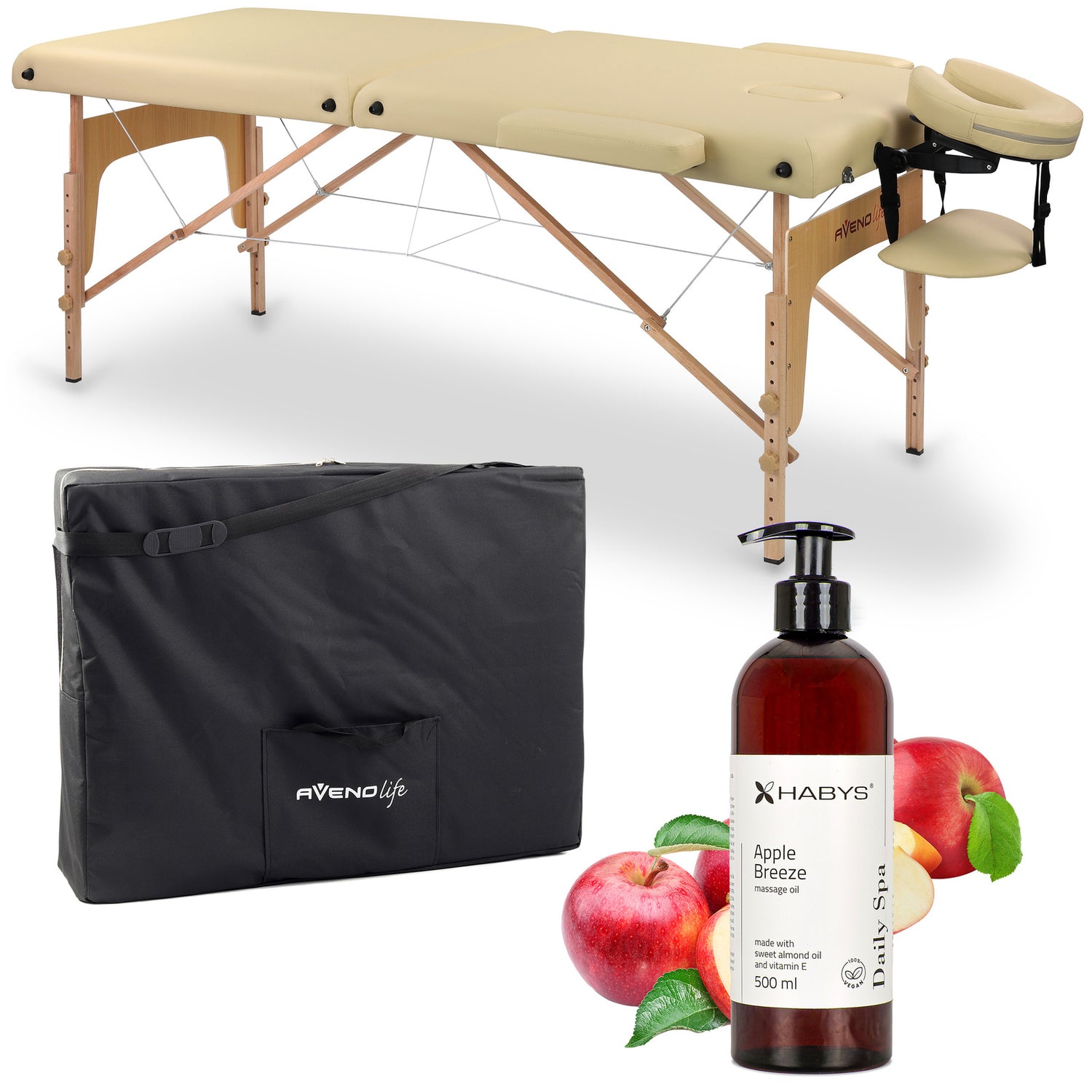Set | Massageliege Sofia Light 60 cm – beige | + Massageöl Daily Spa Apple Breeze HABYS 500 ml