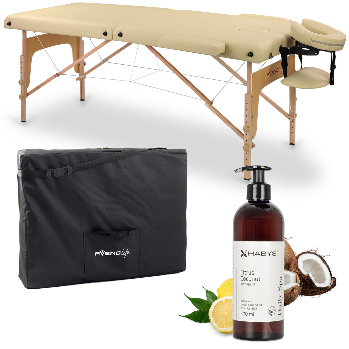 Set | Massageliege Sofia Light 60 cm – beige | + Massageöl Daily Spa Citrus Coconut HABYS 500 ml