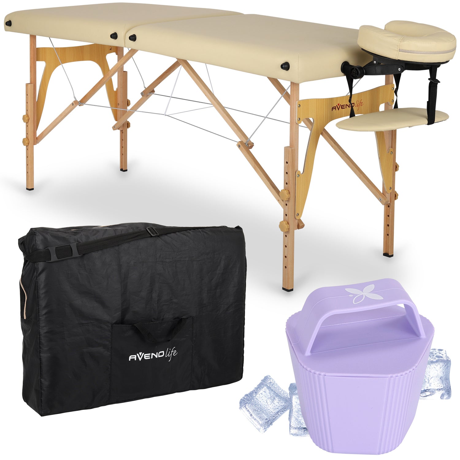 Set | Massageliege Sonia 60 cm – beige | Eismassager für den Körper – lila