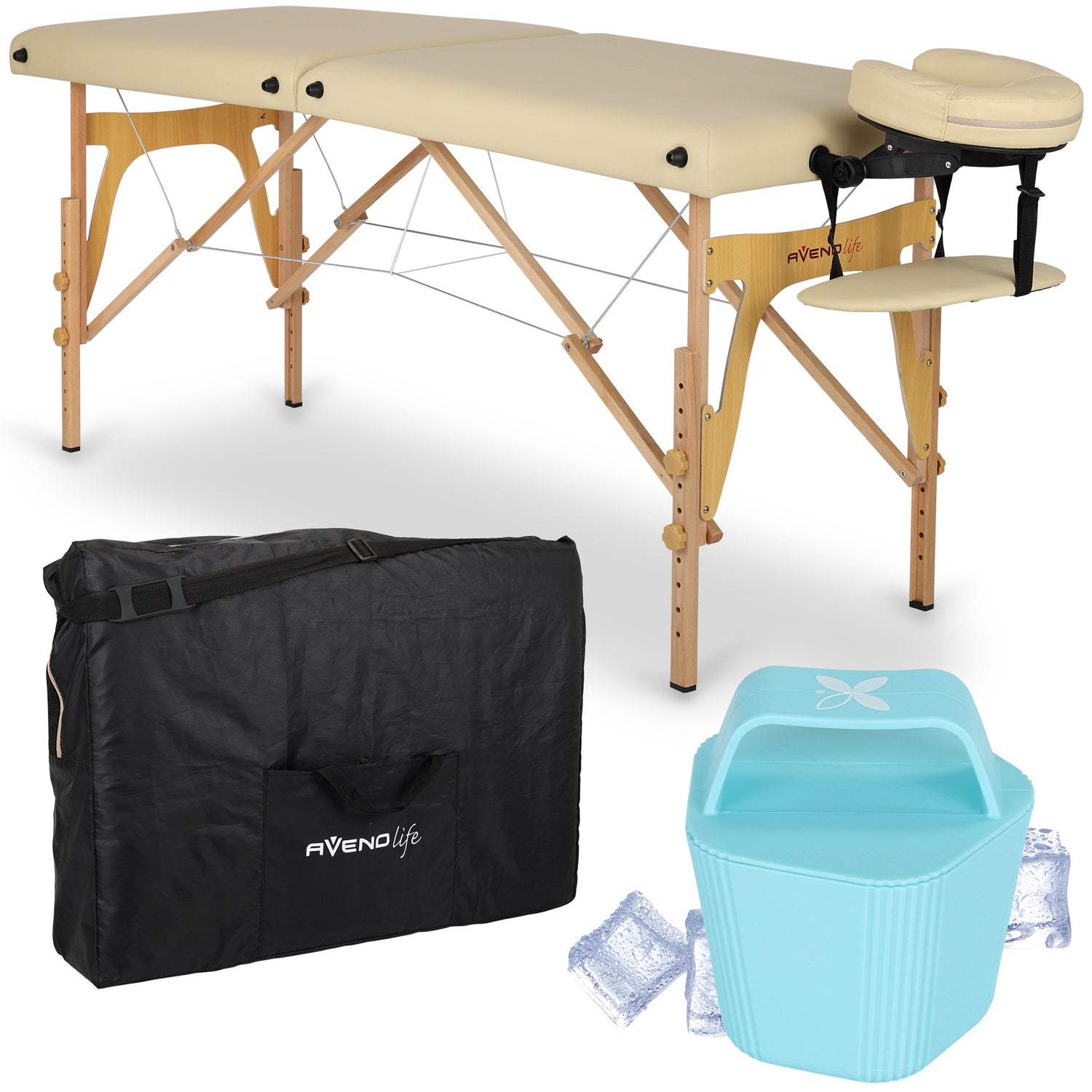 Set | Massageliege Sonia 60 cm – beige | + Eisroller für den Körper – Blau