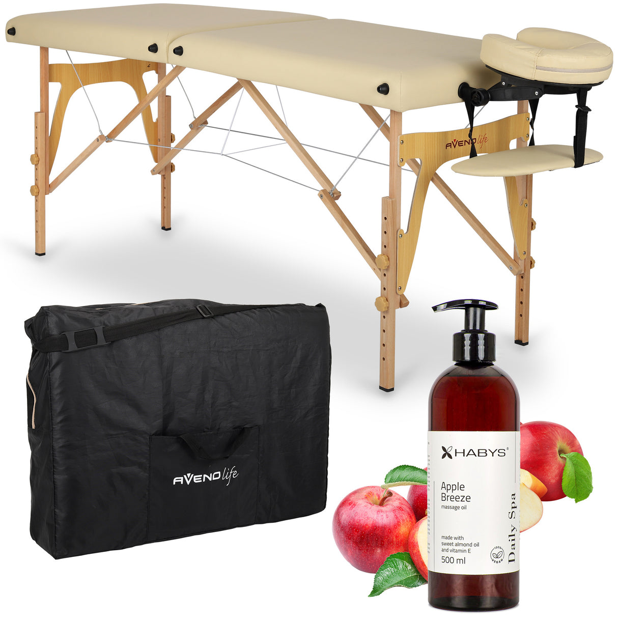 Set | Massageliege Sonia 60 cm – beige | + Massageöl Daily Spa Apple Breeze HABYS 500 ml