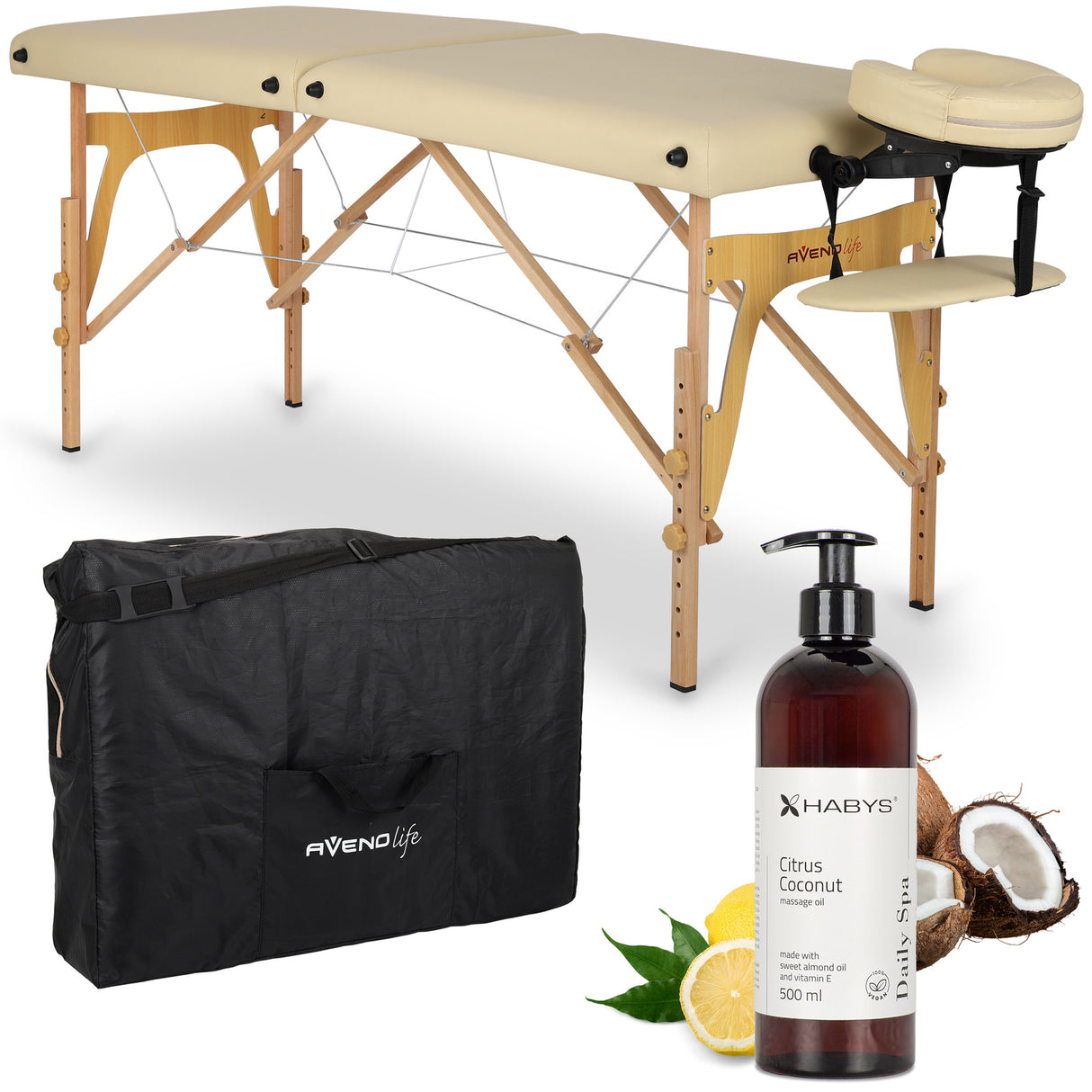 Set | Massageliege Sonia 60 cm – beige | + Massageöl Daily Spa Citrus Coconut HABYS 500 ml