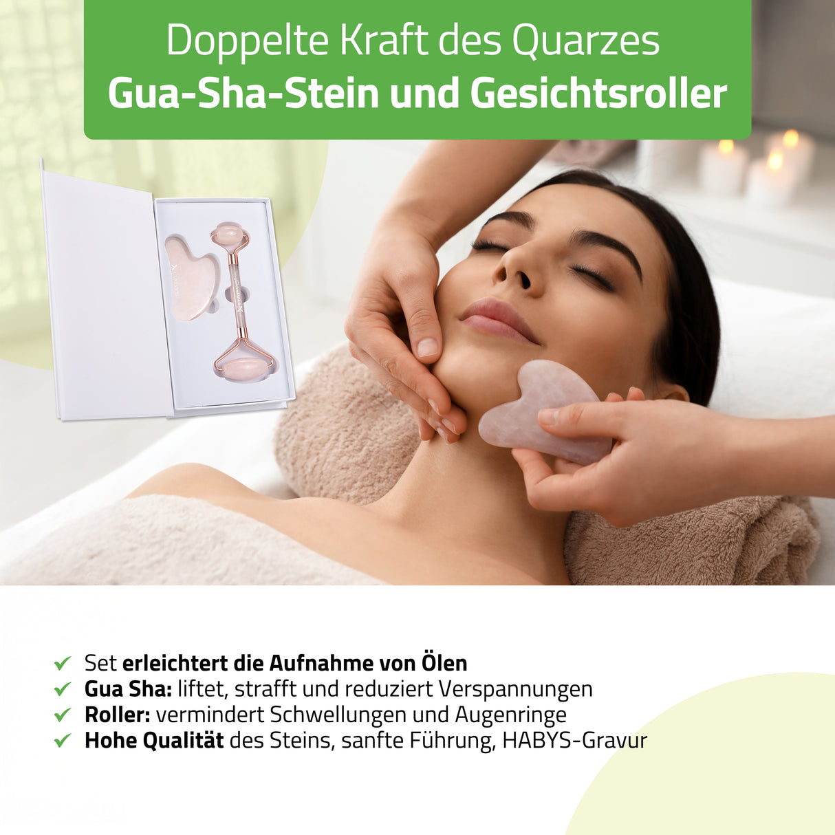 Gesichts-Massage-Set HABYS | Gua-Sha-Stein + | Roller aus Rosenquarz + | natürliches Mandelöl 100 ml