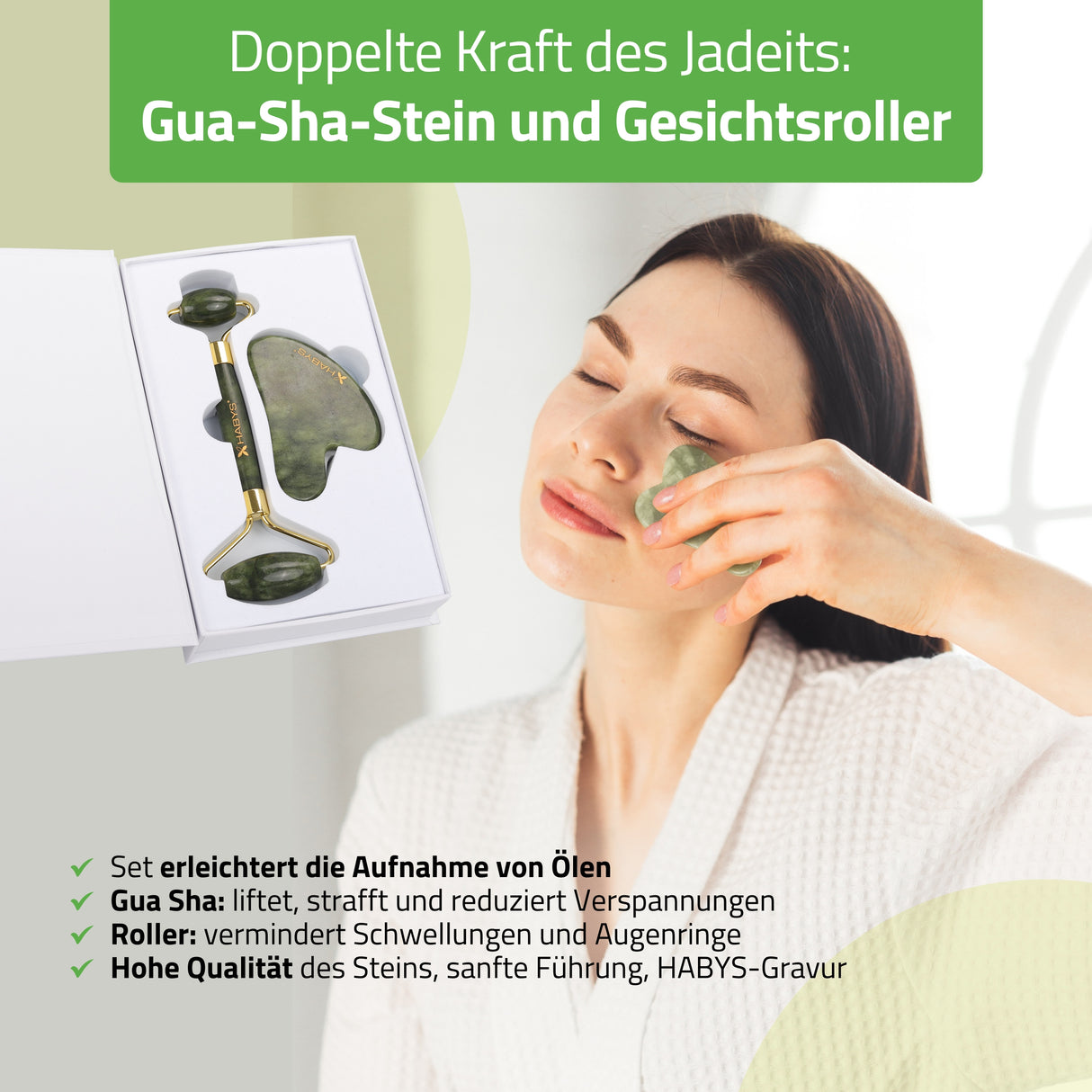 Gesichts-Massage-Set HABYS | Gua-Sha-Stein + | Roller aus Jadeit + | natürliches Mandelöl 100 ml