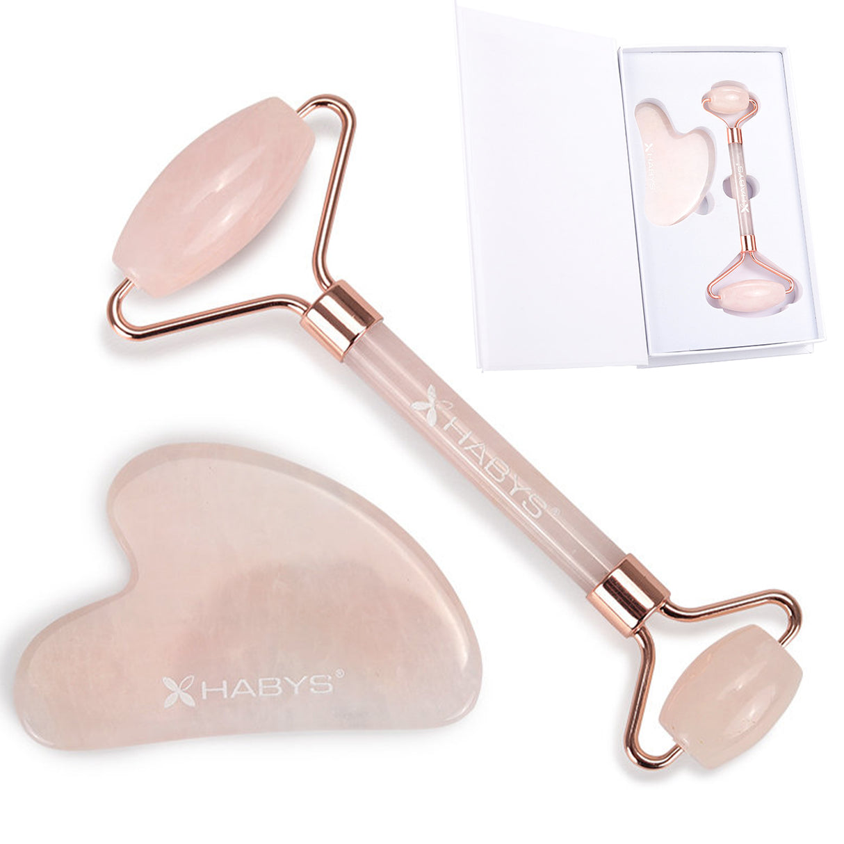 Gesichts-Massage-Set HABYS | Gua-Sha-Stein + |  Roller aus Rosenquarz + | natürliches Mandelöl 100 ml
