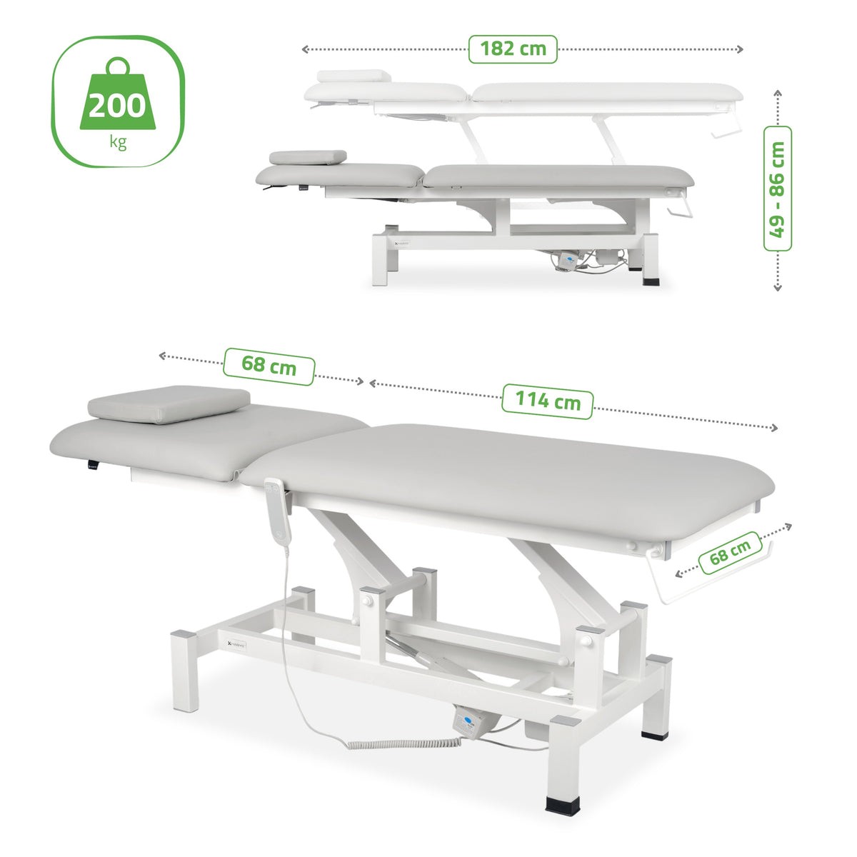 Elektrische behandeltafel set Fortis 2 + Massagepistool Dynamic Pro + Positioneringsrol 15x60 + Wegwerpvlies op rol