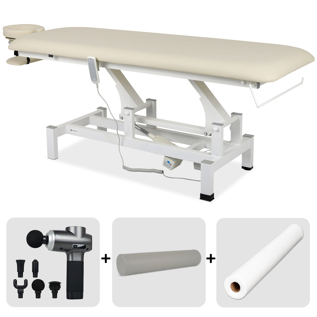 Elektrische behandeltafel set Fortis 1 + Massagepistool Dynamic Pro + Positioneringsrol 15x60 + Wegwerpvlies op rol