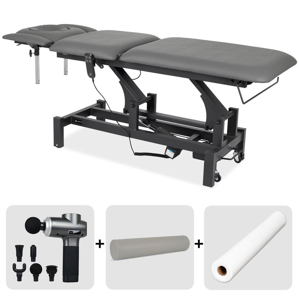 Set Therapieliege Elektrisch Fortis 5 Ergo + Massagepistole Dynamic Pro + Vollrolle 15x60 + Vliesstoff-Unterlage auf Rolle