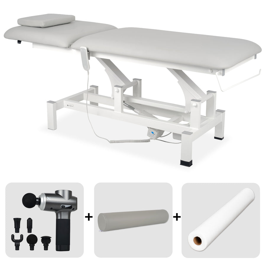 Elektrische behandeltafel set Fortis 2 + Massagepistool Dynamic Pro + Positioneringsrol 15x60 + Wegwerpvlies op rol
