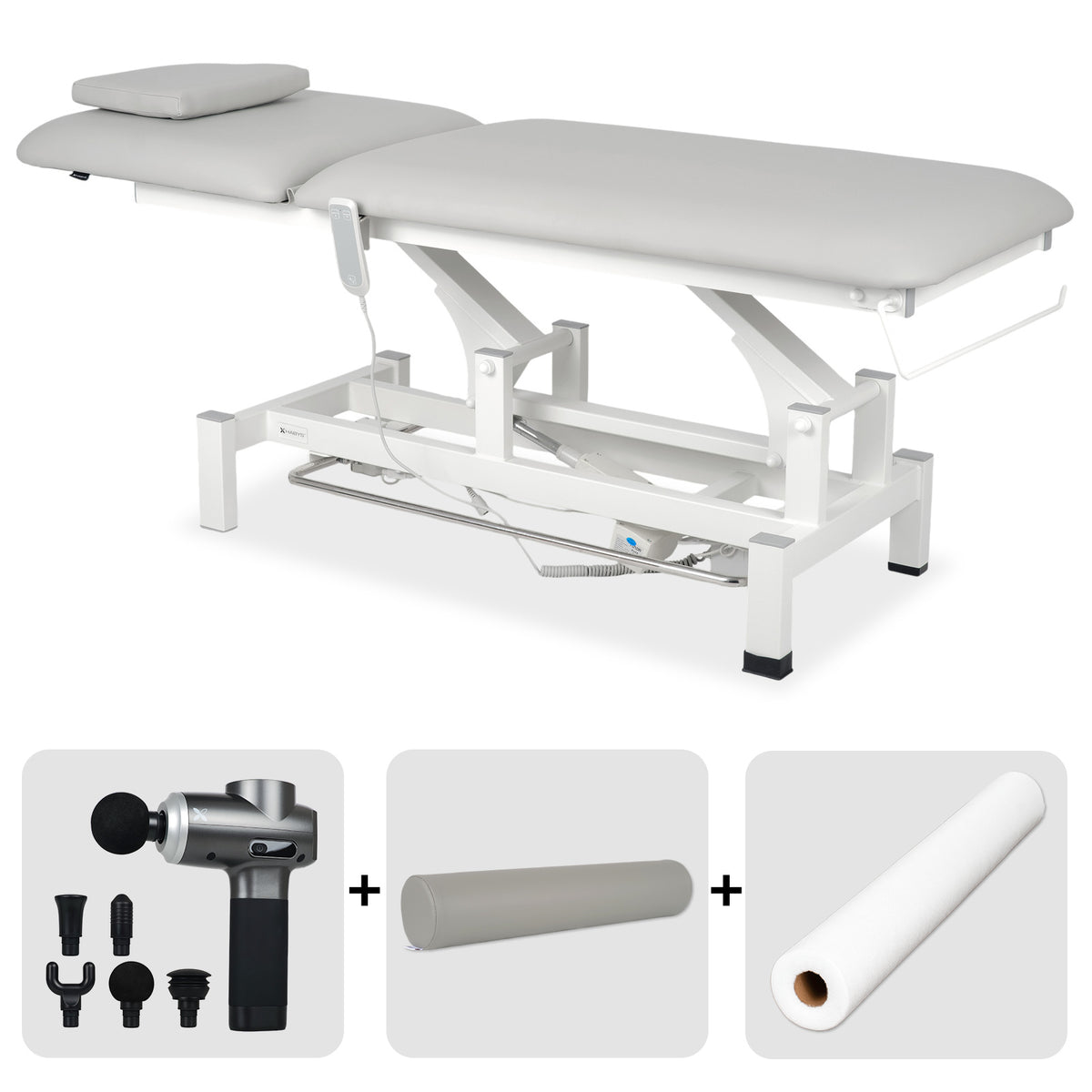 Elektrische behandeltafel set Fortis 2 + Massagepistool Dynamic Pro + Positioneringsrol 15x60 + Wegwerpvlies op rol