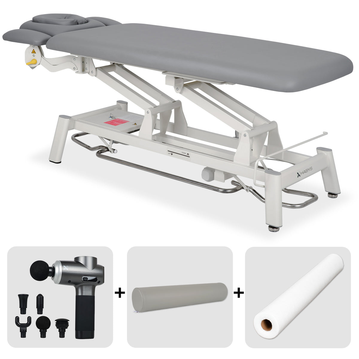 Set Therapieliege Elektrisch Proxima V4 Ergo + Massagepistole Dynamic Pro + Vollrolle 15x60 + Vliesstoff-Unterlage auf Rolle