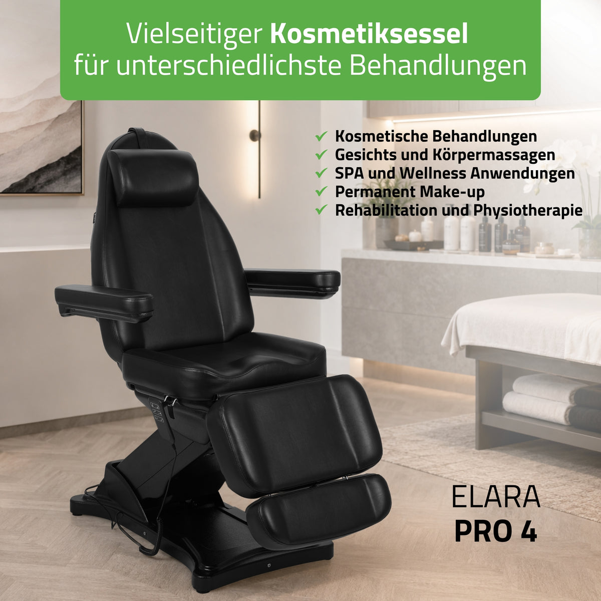 Behandelstoel Elektrisch | Elara PRO 4 | Cosmetische stoel met elektrische verstelling | Bedieningsframe | 3 Motoren