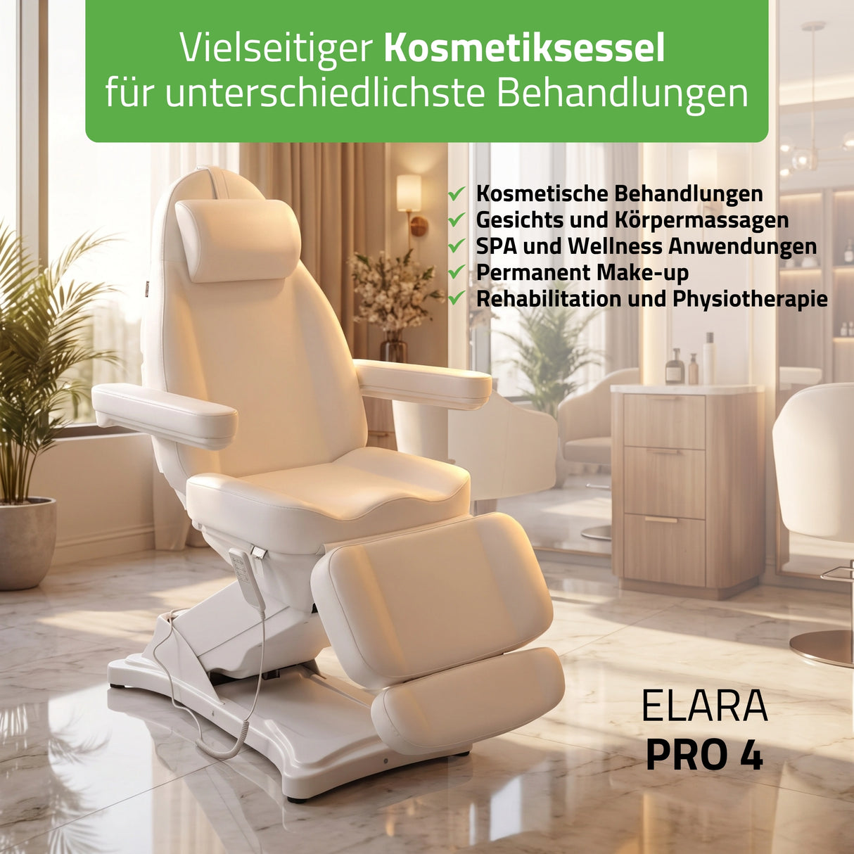 Kosmetikliege Elektrisch | Elara PRO 4 | Kosmetiksessel mit elektrischer Verstellung | Handfernbedienung | 3 - Motoren
