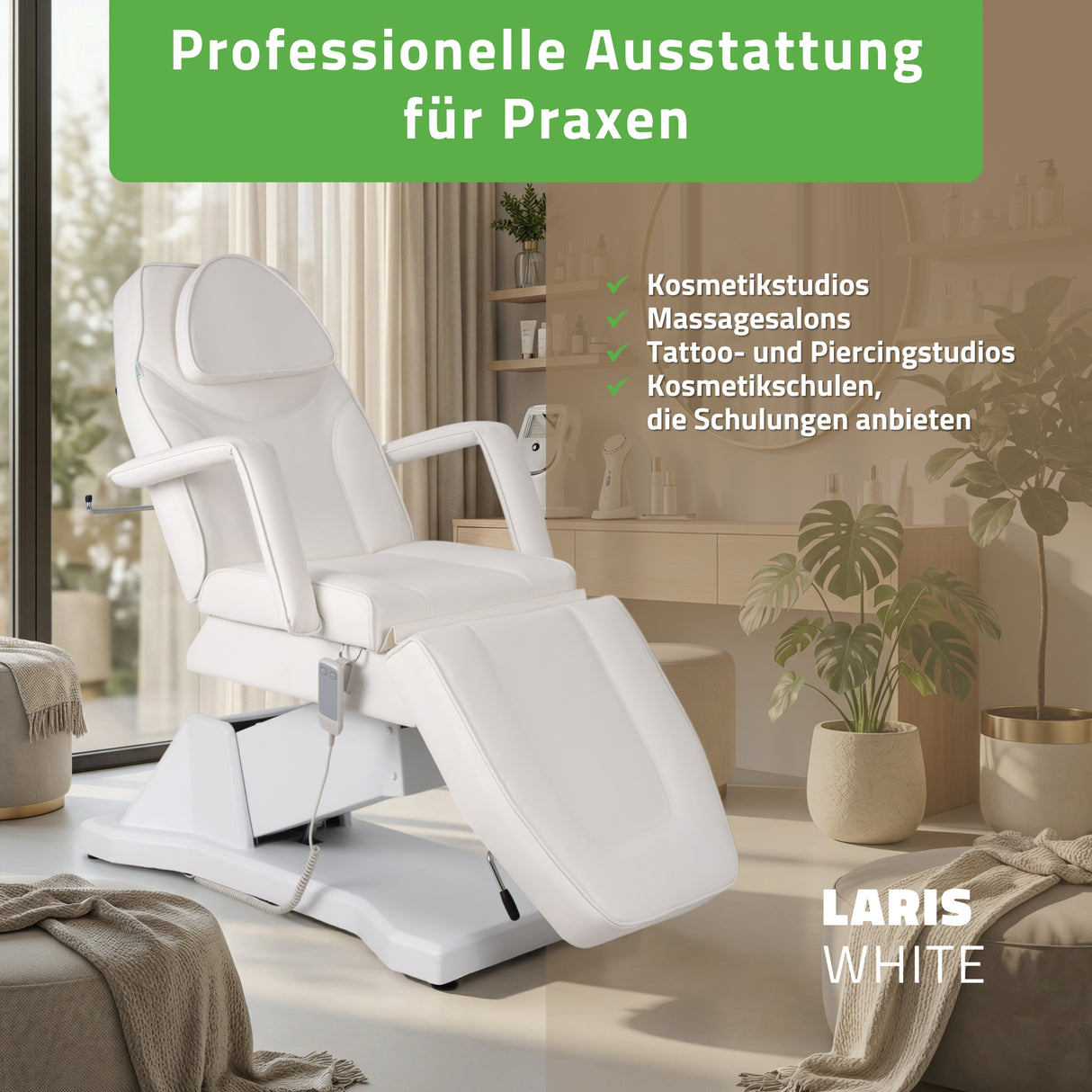 Kosmetikliege Elektrisch Laris | Kosmetiksessel mit elektrischer Verstellung | 1 Motor, Handfernbedienung | 3 Jahre Garantie