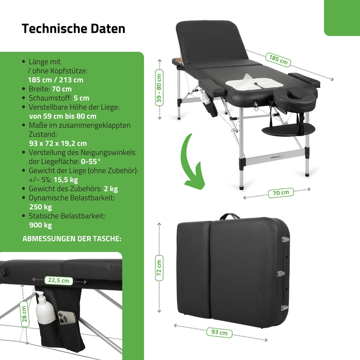 Massageliege Klappbar Adele | Kosmetikliege Tattooliege | Schwarz