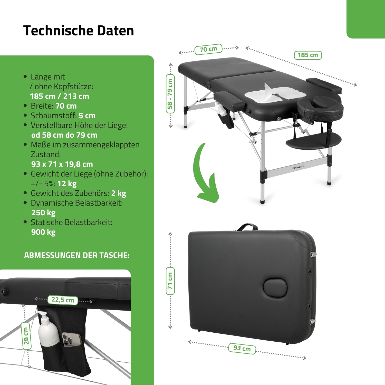 Massageliege Klappbar Nadia | Kosmetikliege Tattooliege | Schwarz 70 cm