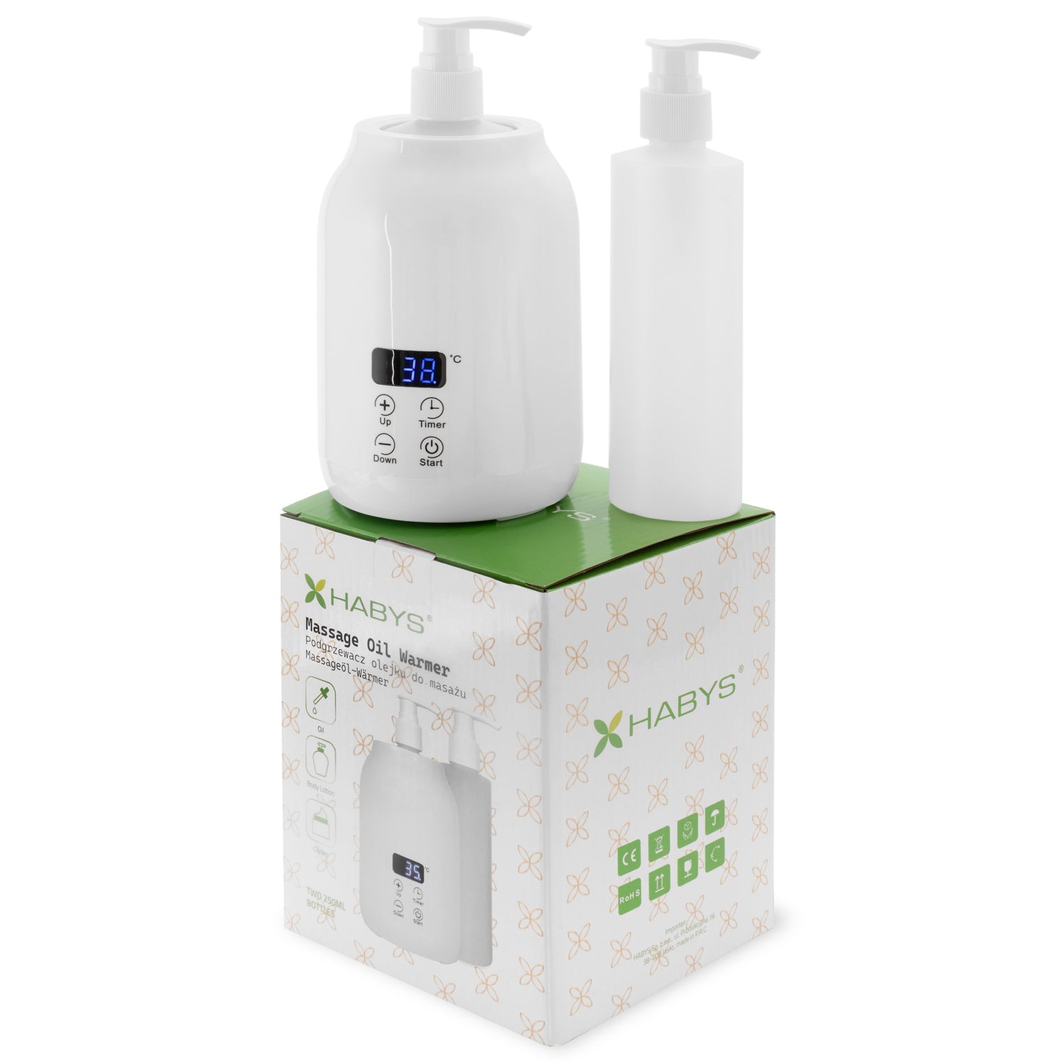 Habys Massageöl-Erwärmer | mit zwei 250 ml Flaschen | Weiß