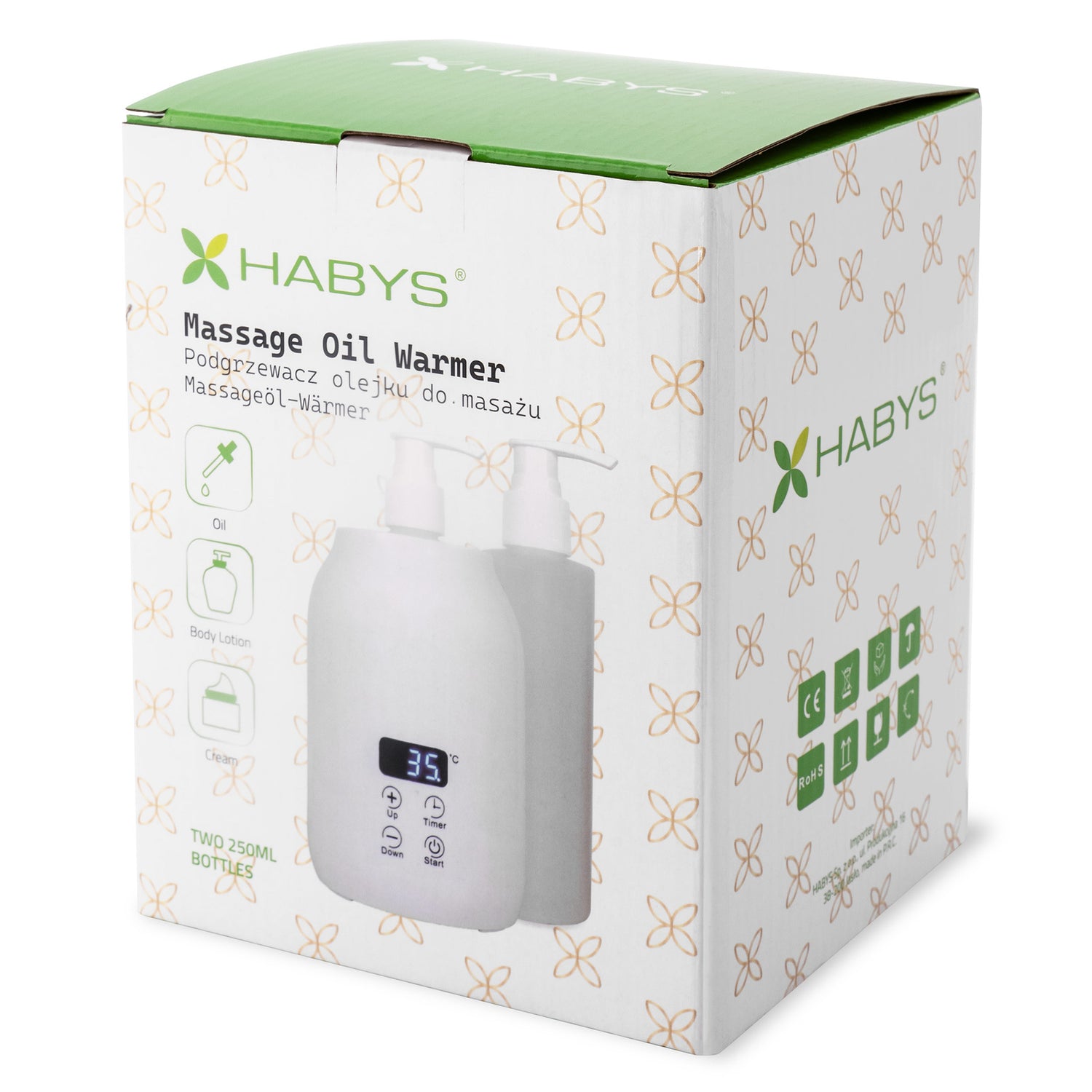 Habys Massageöl-Erwärmer | mit zwei 250 ml Flaschen | Weiß