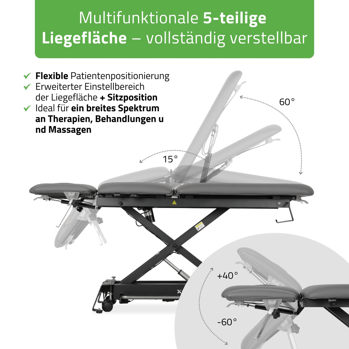 Therapieliege Elektrisch Evero Cross X5 Ergo | 5-Segmente | Steuerrahmen | Grau-Schwarz | 3 Jahre Garantie