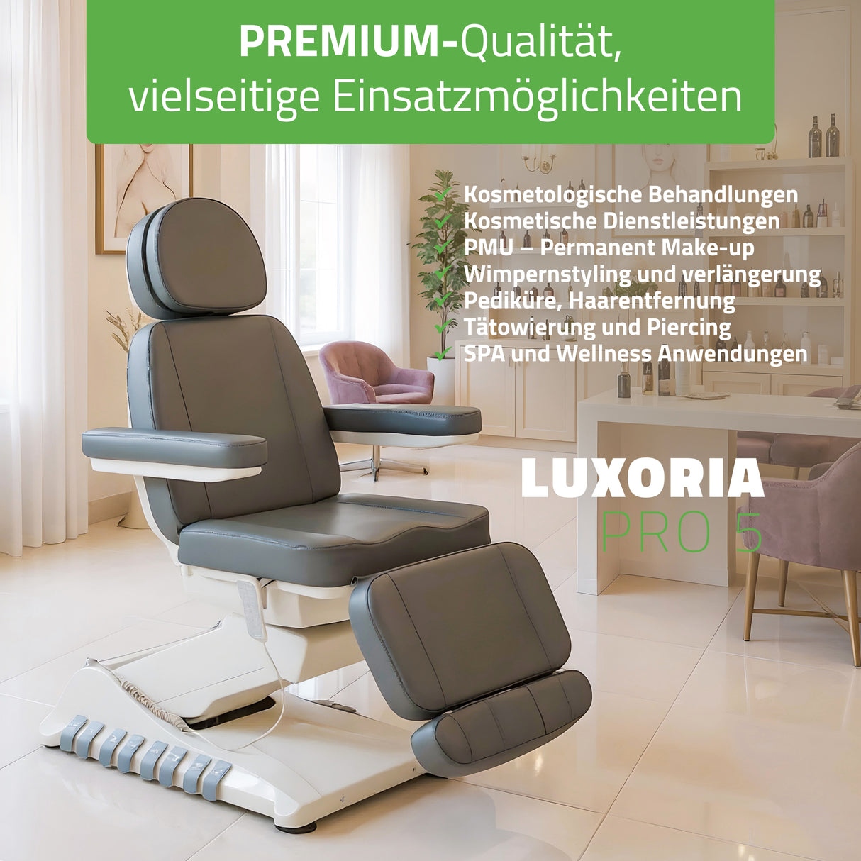 Kosmetikliege Elektrisch | Luxoria PRO 5 | Kosmetiksessel mit elektrischer Verstellung