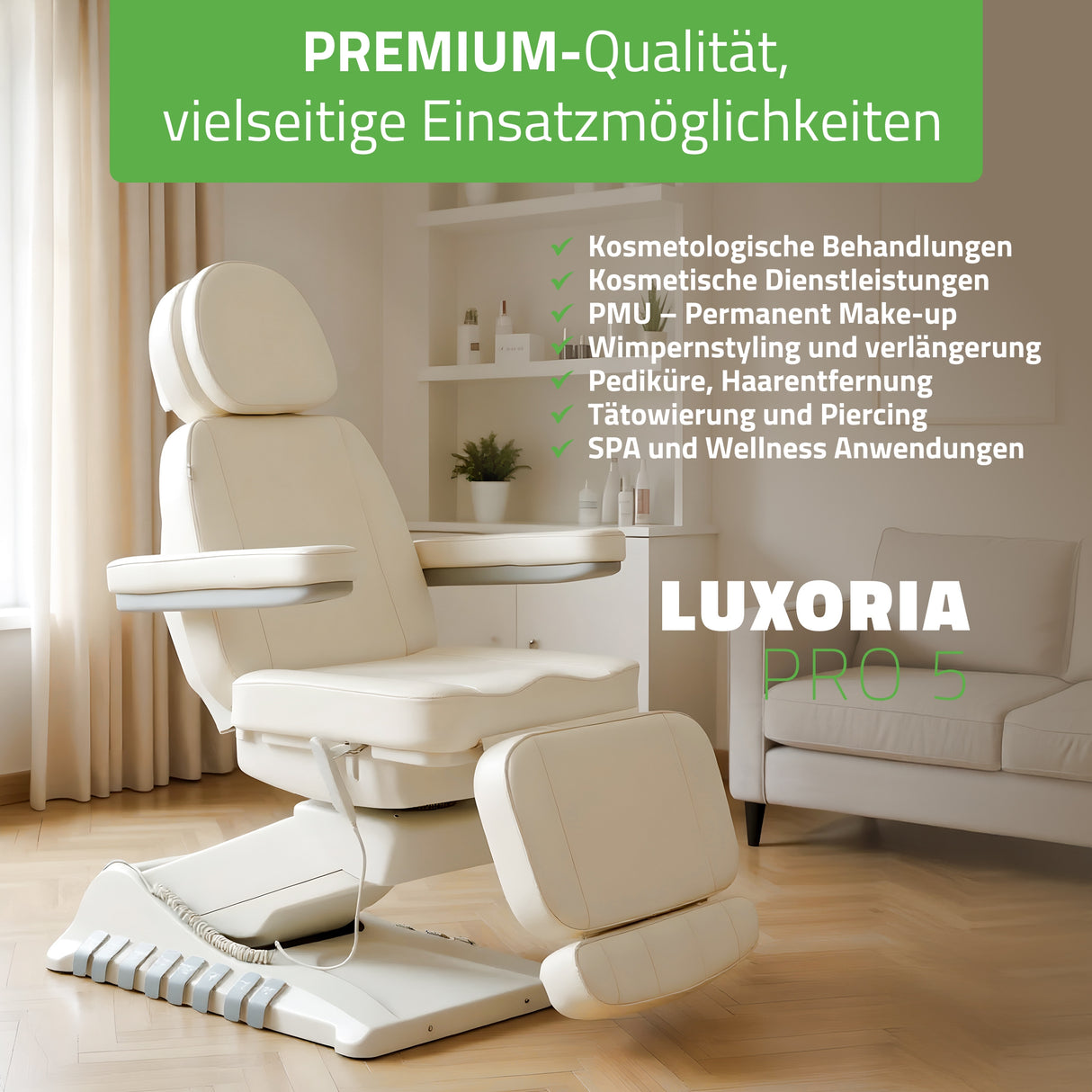 Kosmetikliege Elektrisch | Luxoria PRO 5 | Kosmetiksessel mit elektrischer Verstellung
