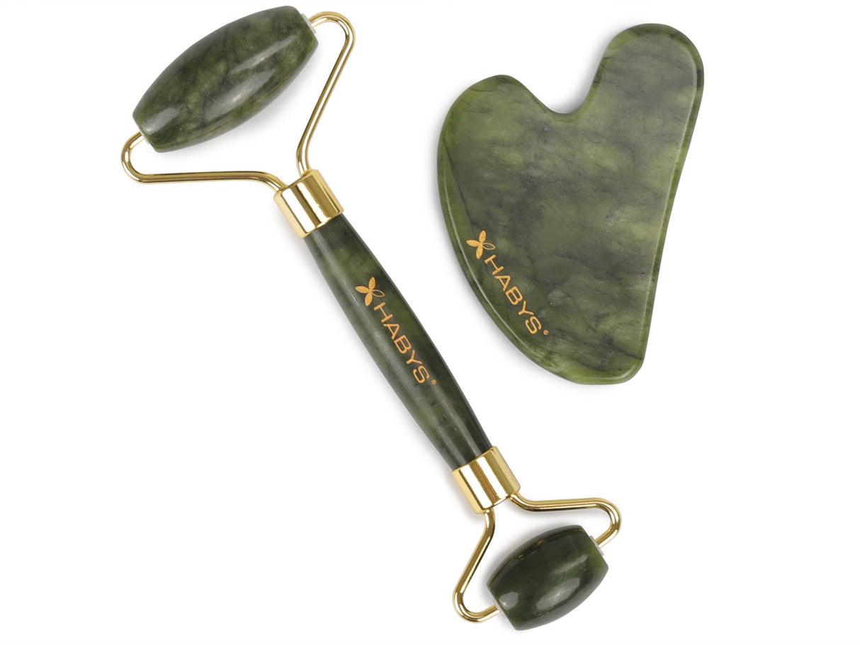 Gesichts-Massage-Set HABYS | Gua-Sha-Stein + |  Roller aus Jadeit + | natürliches Mandelöl 100 ml