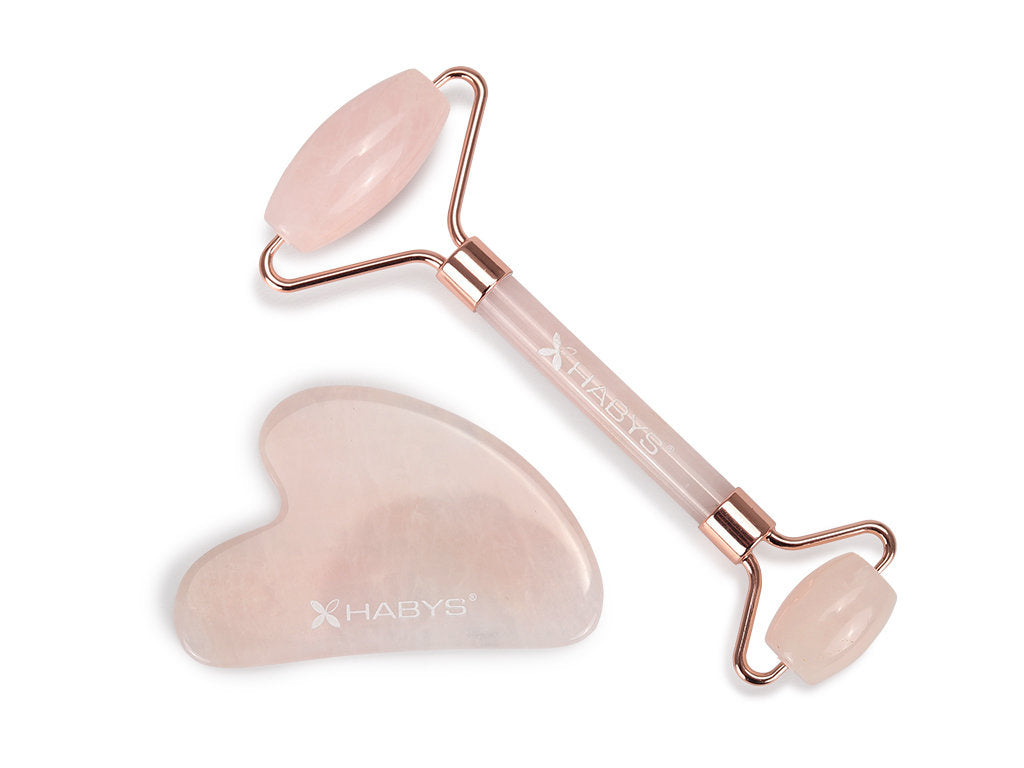 Gesichts-Massage-Set HABYS | Gua-Sha-Stein + |  Roller aus Rosenquarz + | natürliches Mandelöl 100 ml