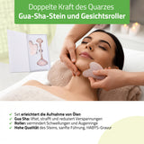 Gesichts-Massage-Set HABYS | Gua-Sha-Stein + |  Roller aus Rosenquarz + | natürliches Mandelöl 100 ml