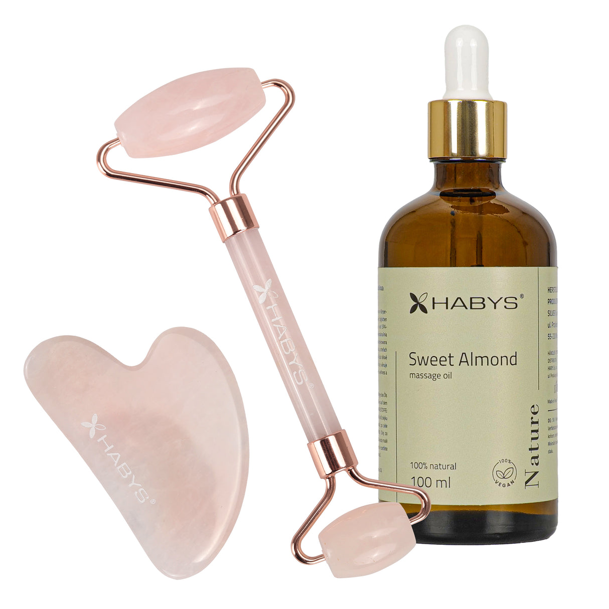 Gesichts-Massage-Set HABYS | Gua-Sha-Stein + |  Roller aus Rosenquarz + | natürliches Mandelöl 100 ml