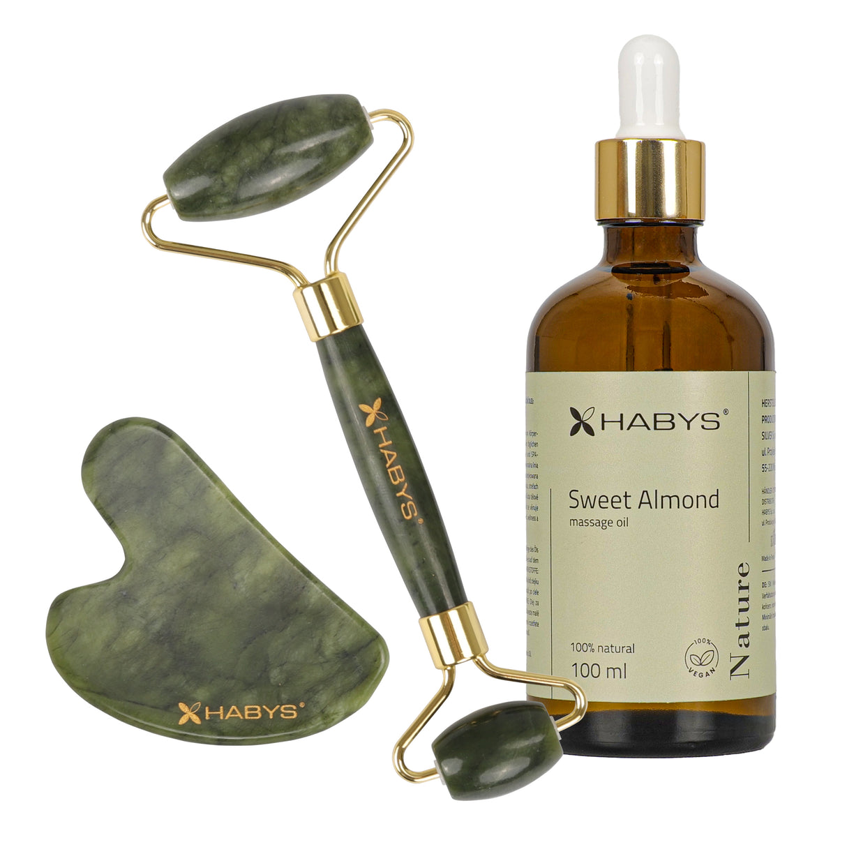 Gesichts-Massage-Set HABYS | Gua-Sha-Stein + |  Roller aus Jadeit + | natürliches Mandelöl 100 ml