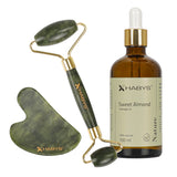 Gesichts-Massage-Set HABYS | Gua-Sha-Stein + |  Roller aus Jadeit + | natürliches Mandelöl 100 ml